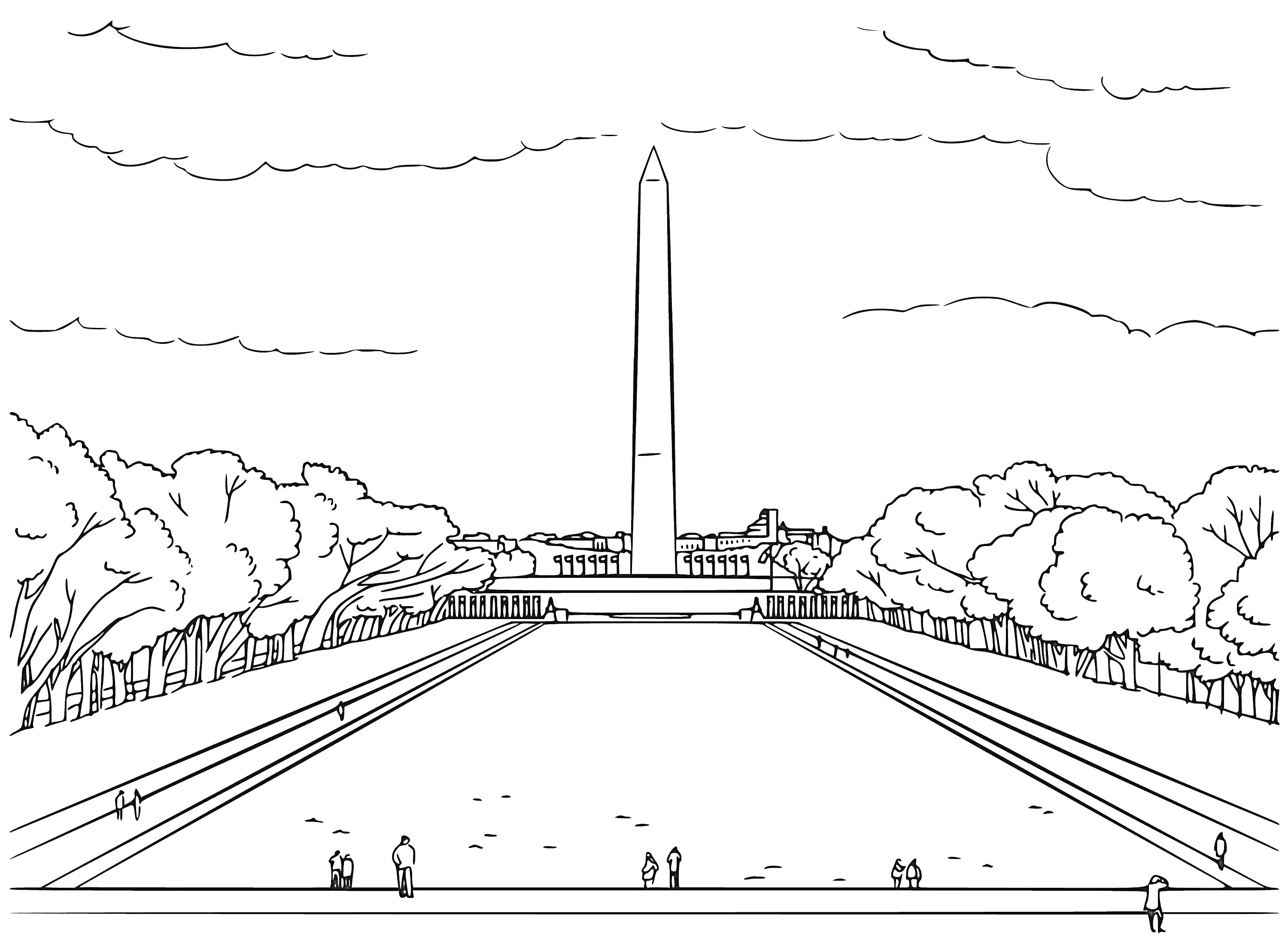 Раскраска Памятник, аллея, деревья и люди на переднем плане