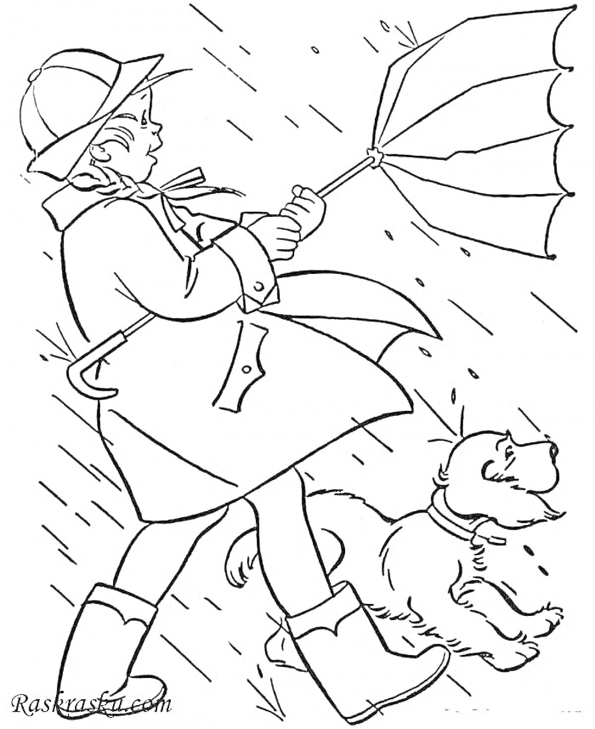 Раскраска Ребенок в плаще с зонтиком, собака, дождь и ветер