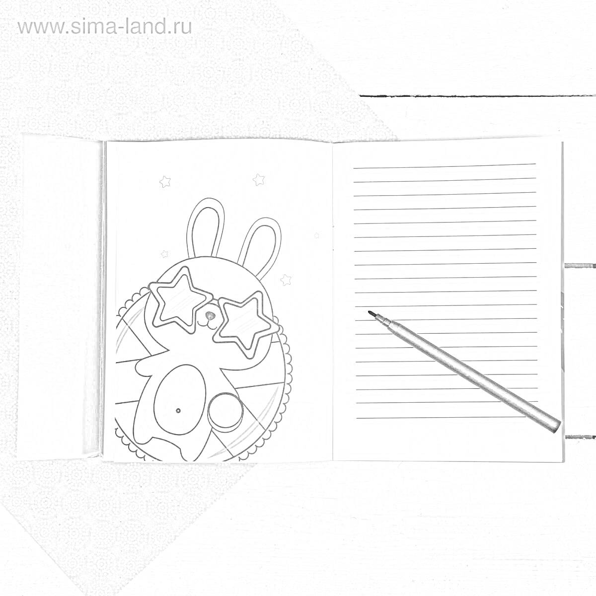 Раскраска Блокнот с рисунком зайца в звездных очках и карандашом