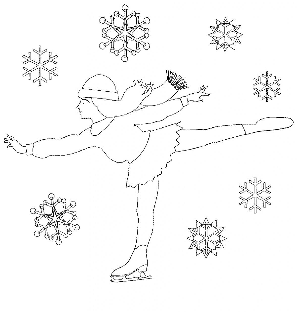 Раскраска Девочка на коньках с вытянутой ногой, снег, снежинки