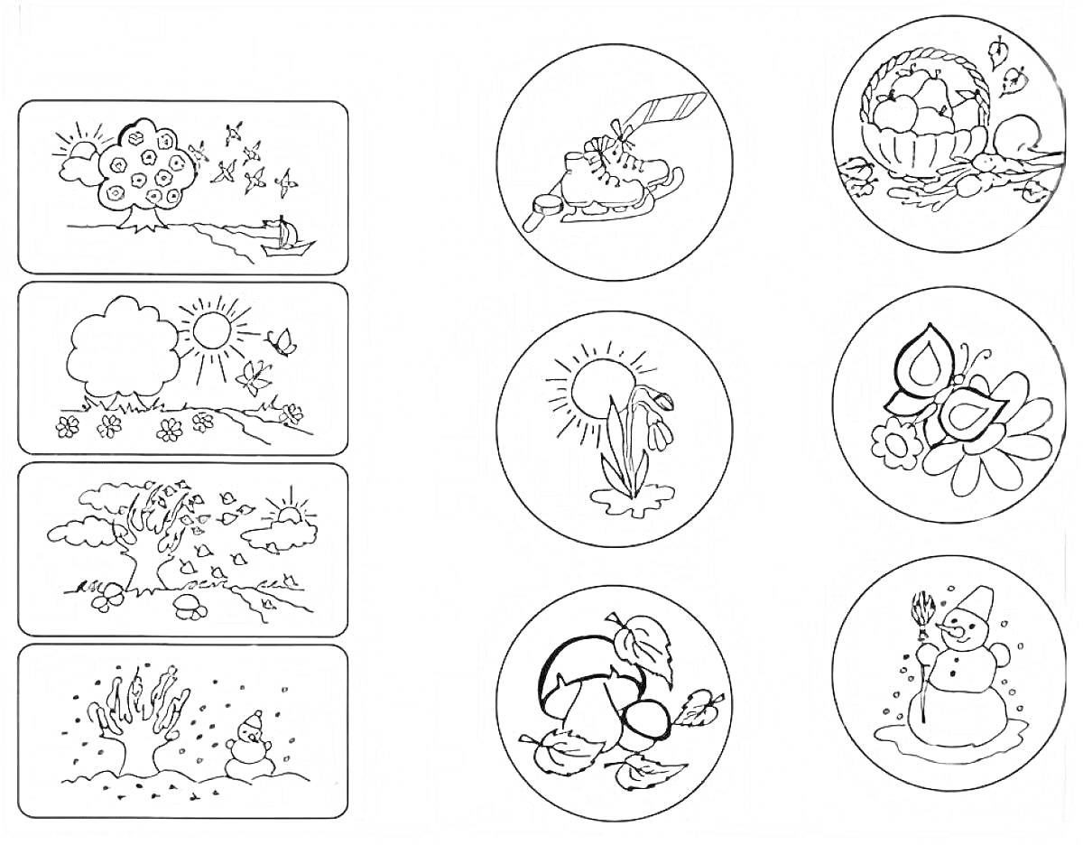 На раскраске изображено: Времена года, Весна, Лето, Осень, Зима, Лодка, Листья, Листва, Корзина, Цветы, Солнце