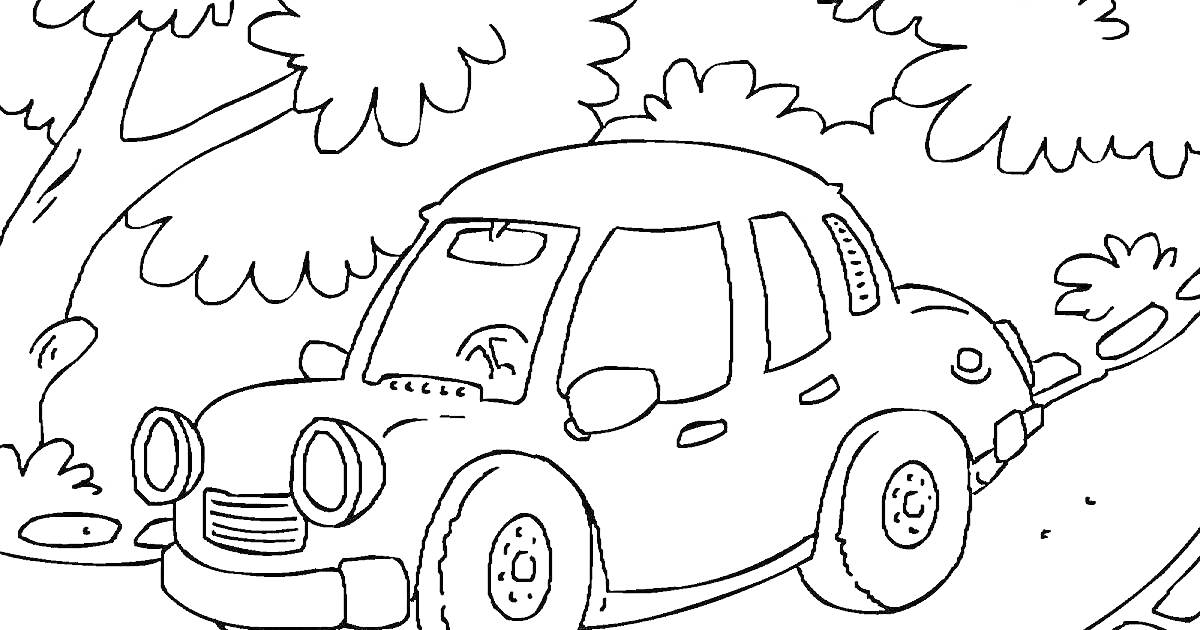 Раскраска Машинка на дороге среди деревьев и кустов