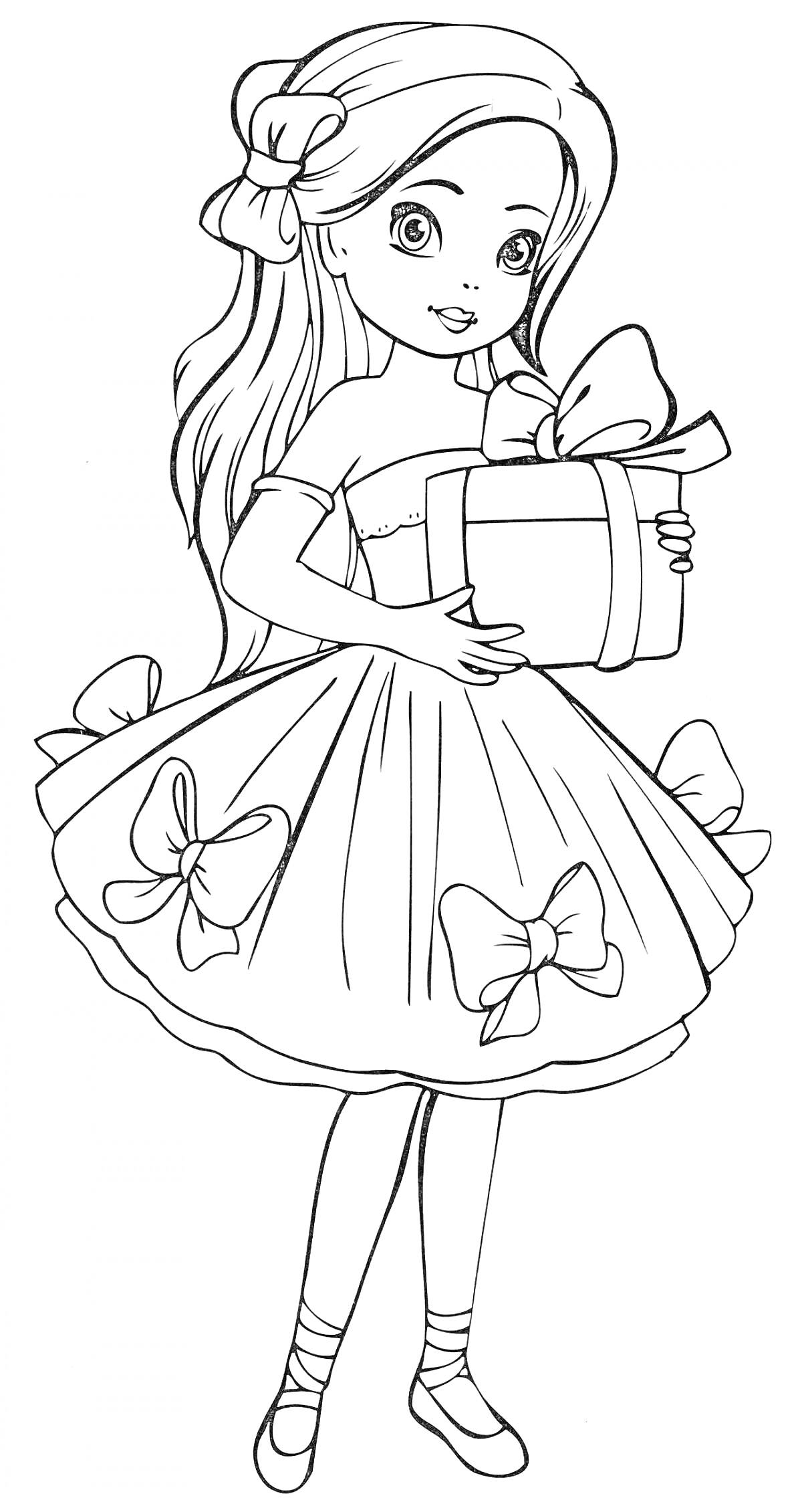 Раскраска Девочка в платье с бантами и подарком