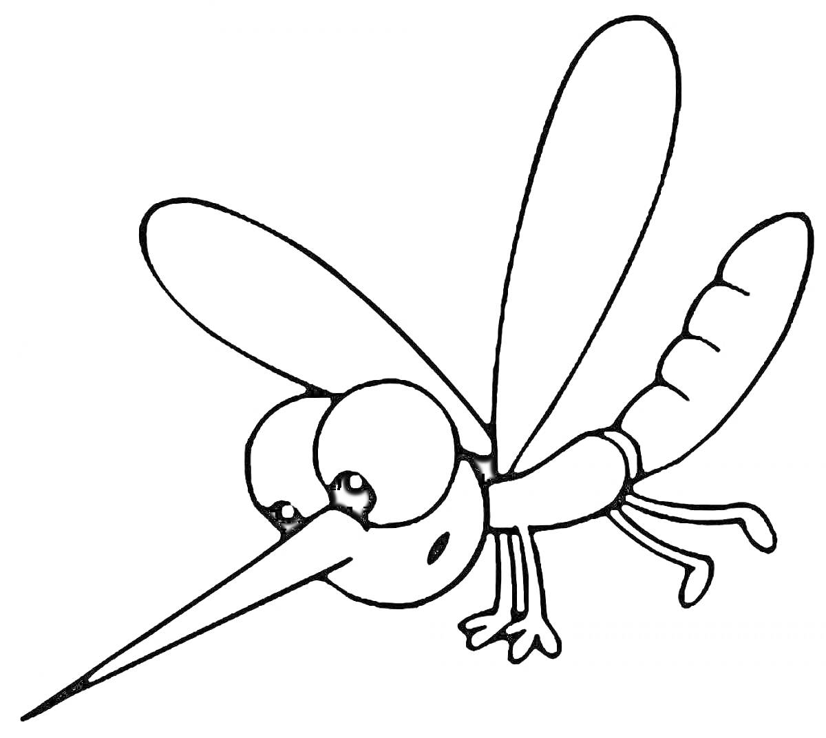 Раскраска Комар с большими глазами, длинным хоботком, четырьмя лапками и парой крыльев