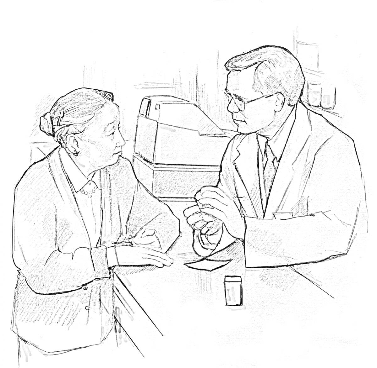 Раскраска Визит к фармацевту. Мужчина-фармацевт показывает лекарство женщине на фоне аптеки.