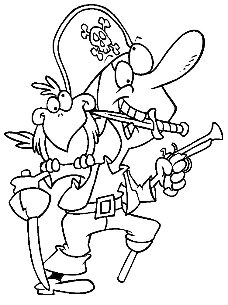 Раскраска Пират с попугаем, саблей и пистолетом
