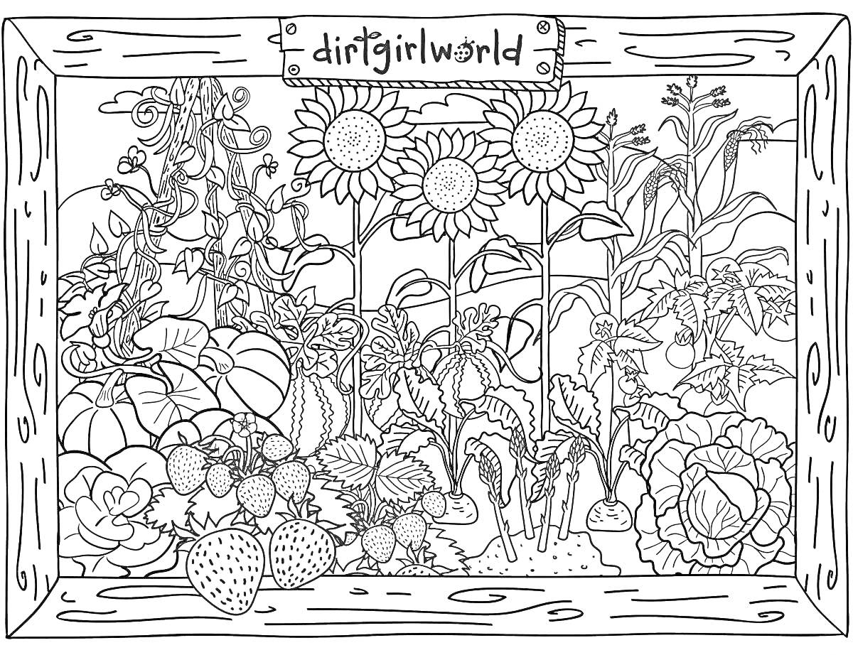Раскраска цветочный сад с подсолнухами, клубникой, капустой, морковью и другими растениями