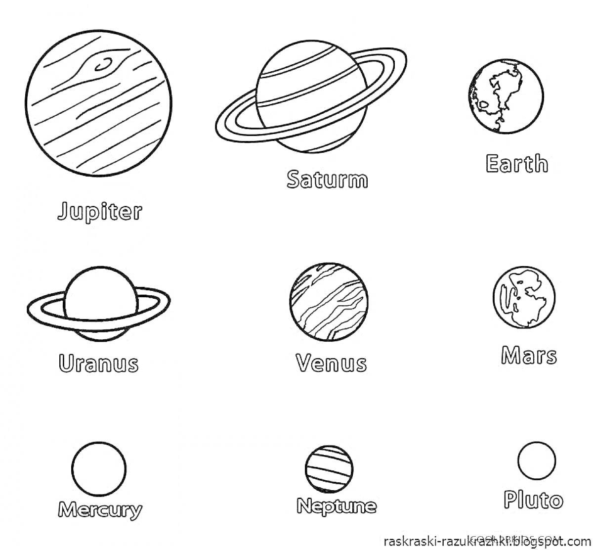 На раскраске изображено: Планеты, Солнечная система, Юпитер, Сатурн, Земля, Уран, Венера, Марс, Меркурий, Нептун, Плутон, Астрономия, Обучение, Космос, Образование