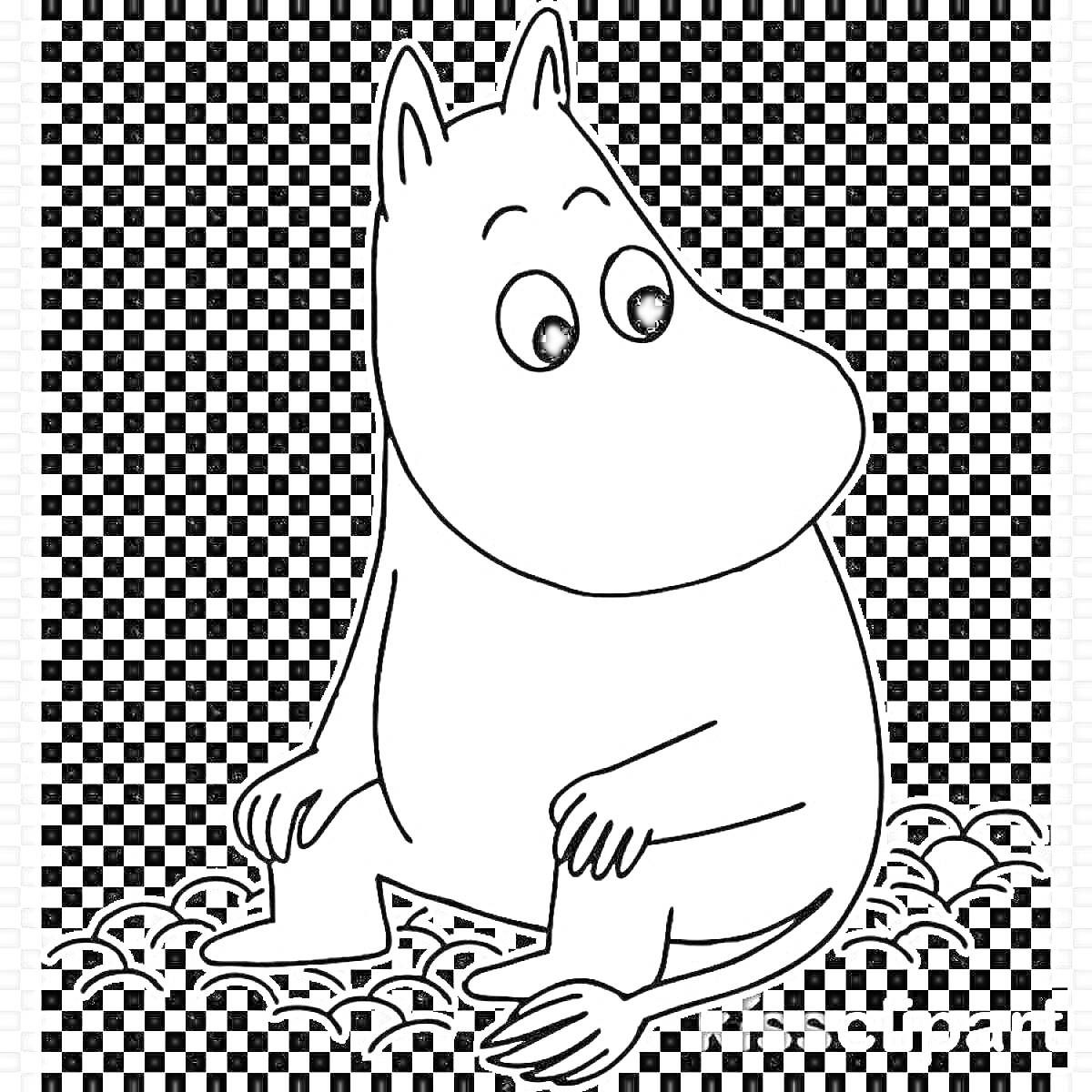 Раскраска Мумий тролль сидит на земле с решетчатым фоном