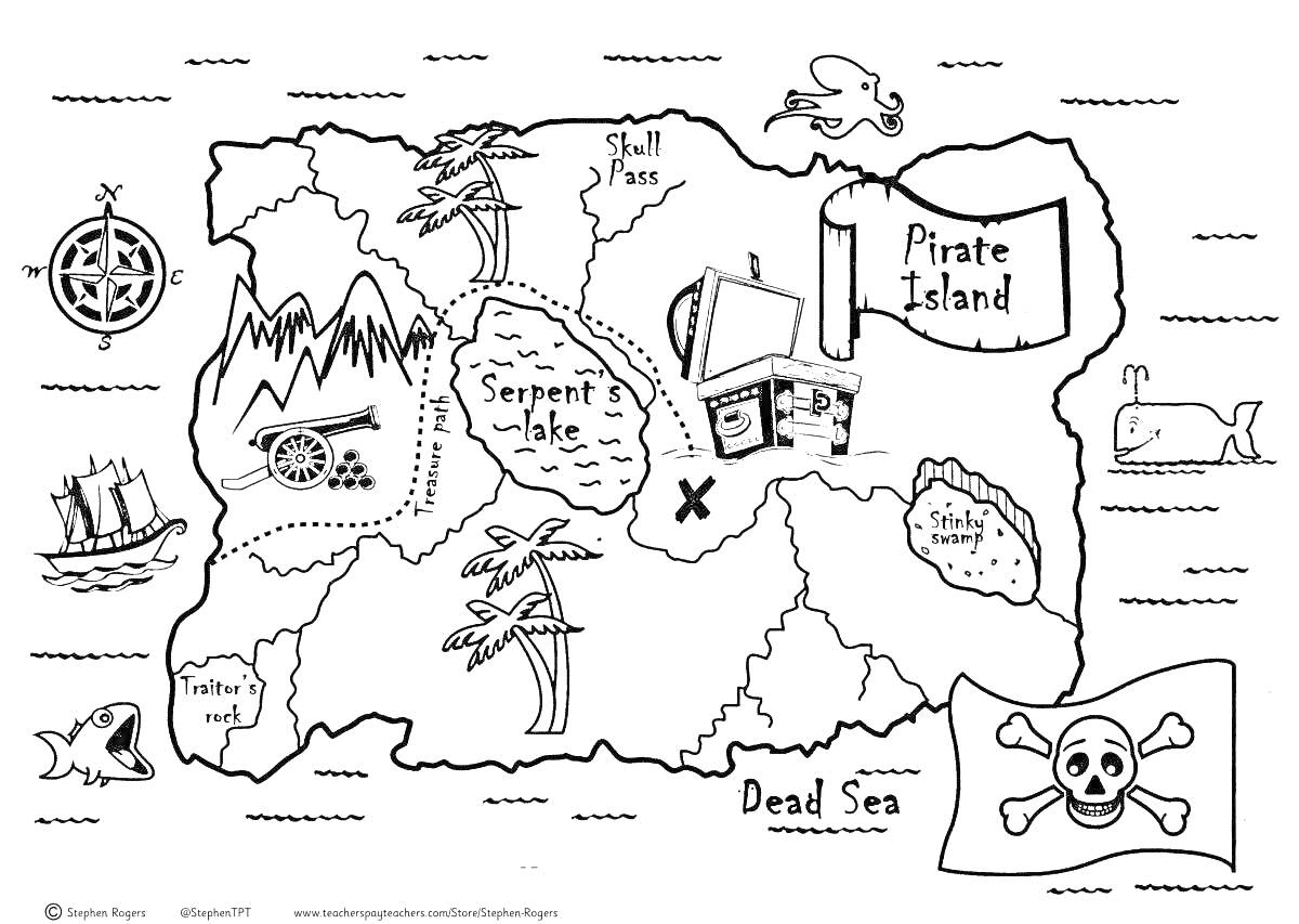 На раскраске изображено: Пиратская карта, Компас, Корабль, Горы, Водопад, Череп, Кости