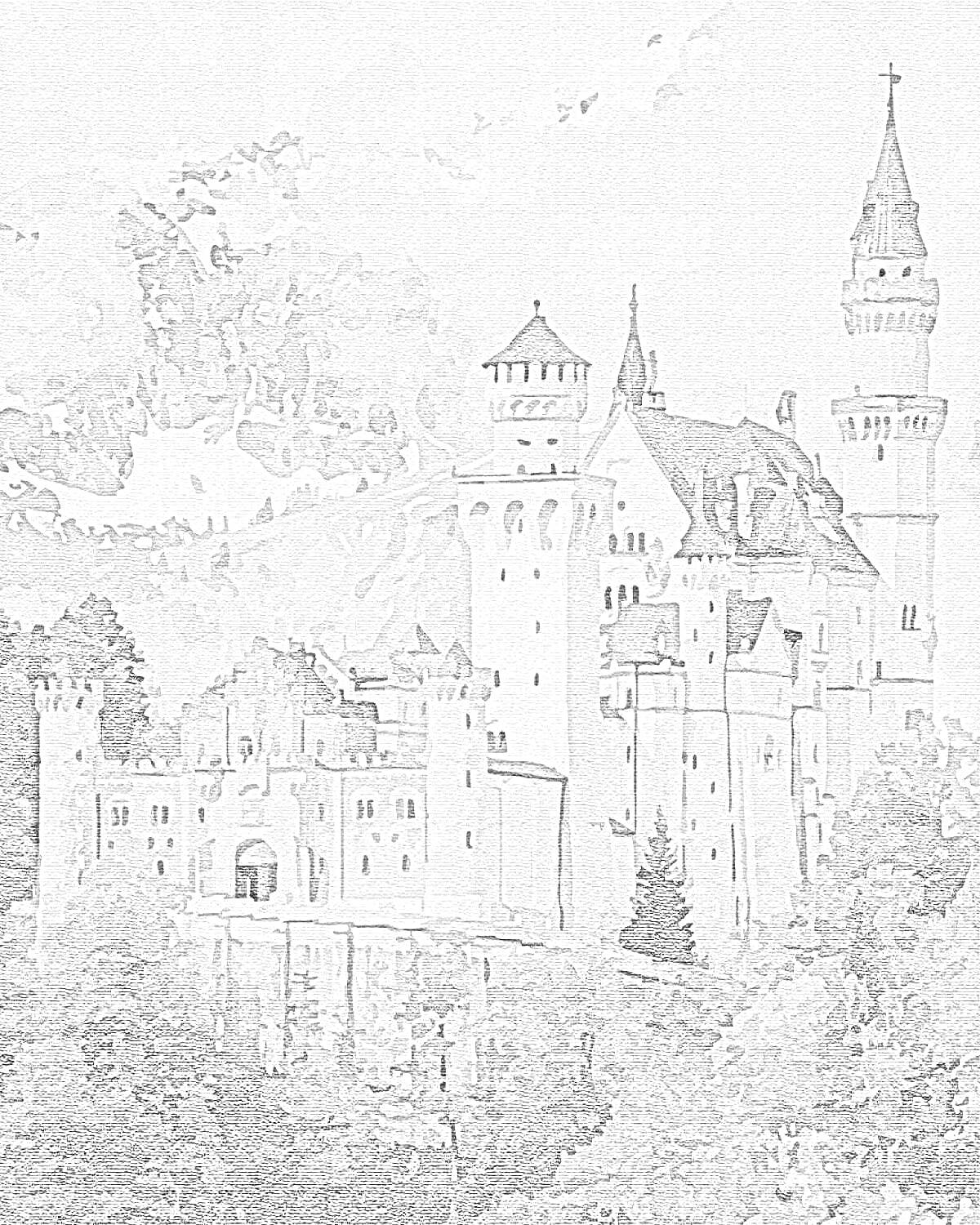 На раскраске изображено: Замок, Лес, По номерам, Архитектура, Пейзаж, Горы