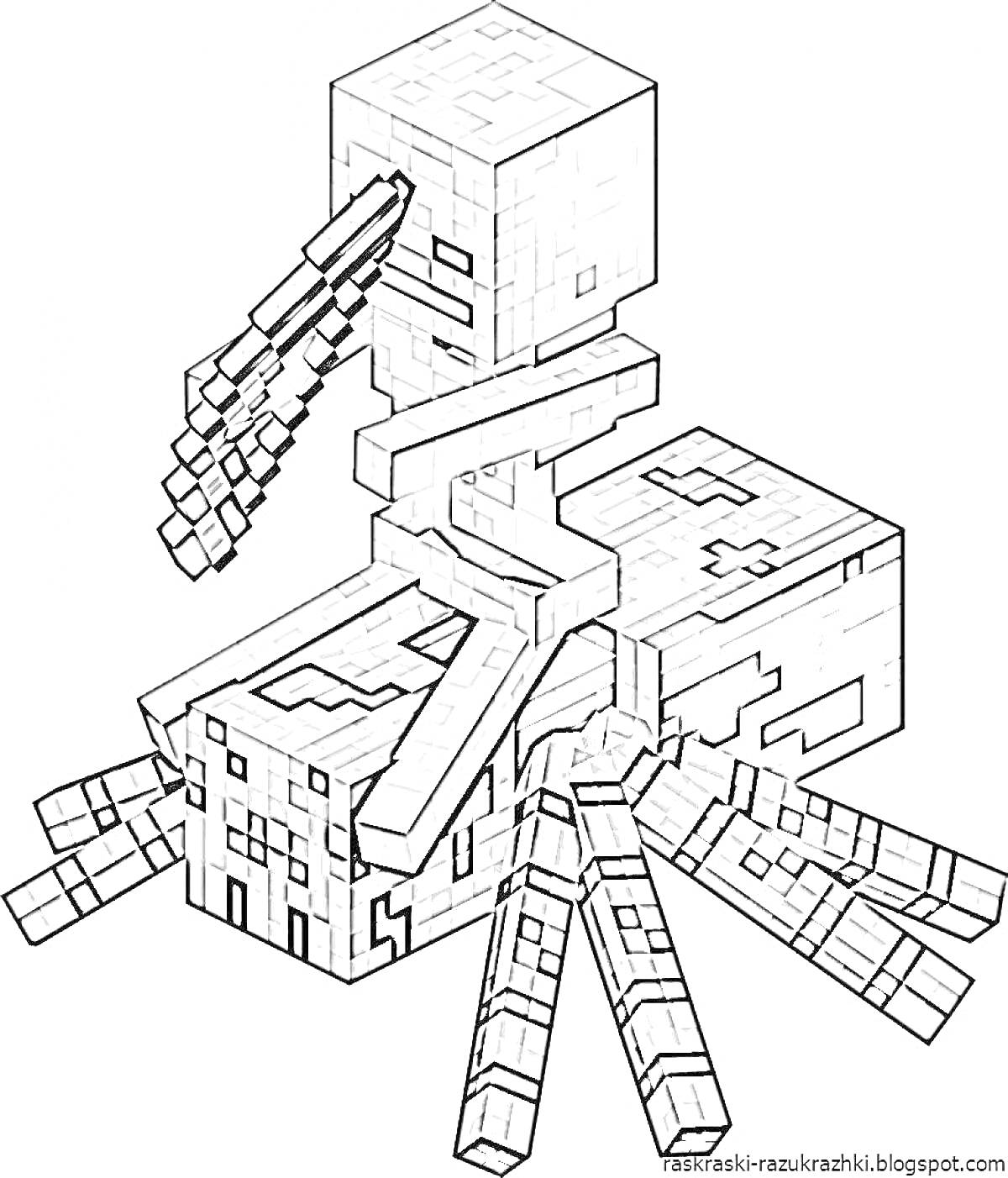 Раскраска Майнкрафт существо Варден на паукообразном теле с квадратным телом и деталями в пиксельном стиле