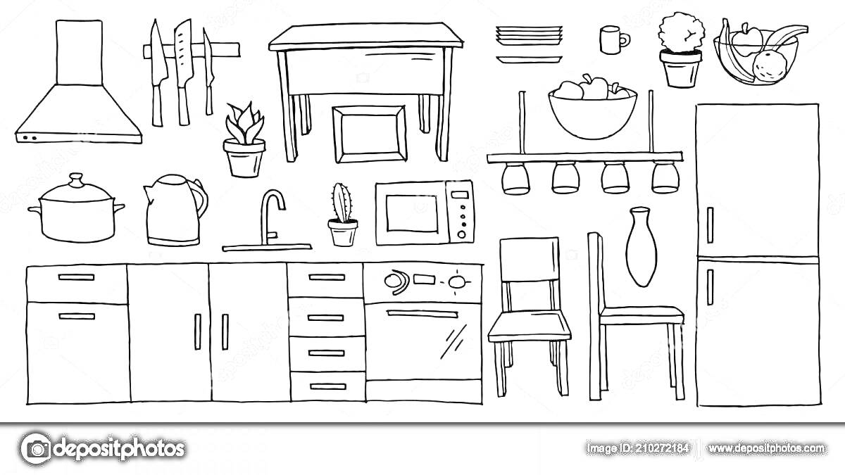 Раскраска Кухонная мебель и предметы интерьера: кухонный вытяжка, ножи с подставкой, стол, подушка, цветок в горшке, полка, бокалы, тостер, чайник, кастрюля, раковина, стакан, микроволновка, шкафчики, плита, стулья, ваза, холодильник.