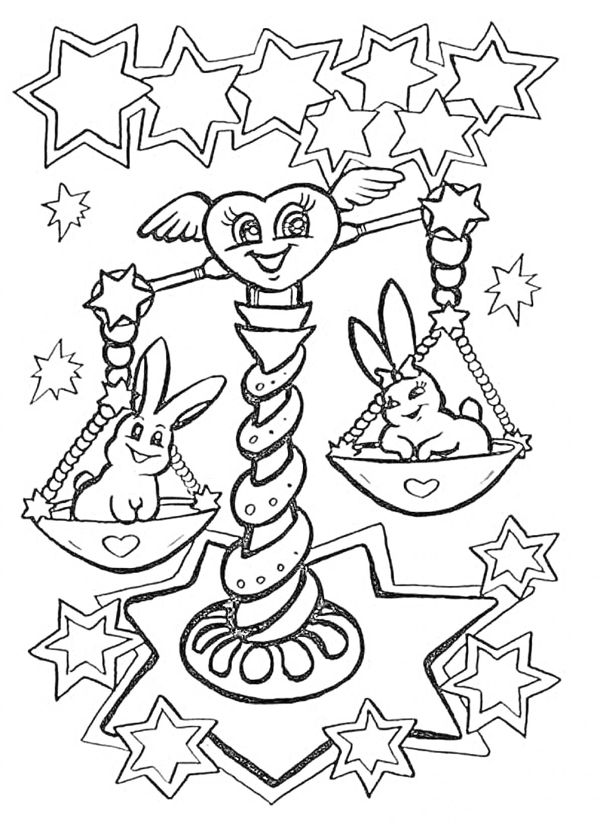 На раскраске изображено: Весы, Звезды, Для детей, Кролик, Знак зодиака