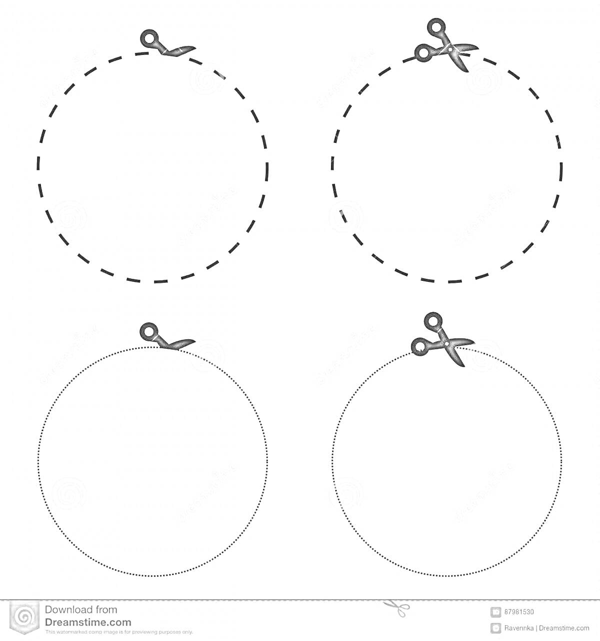 Раскраска Контуры кругов для вырезания ножницами, показаны разные виды линий (пунктирные и сплошные) и ножниц