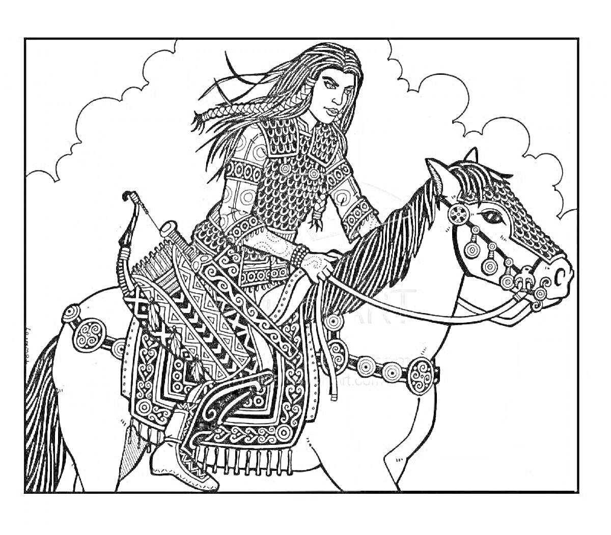 Раскраска Томирис на коне в доспехах, тучи на фоне