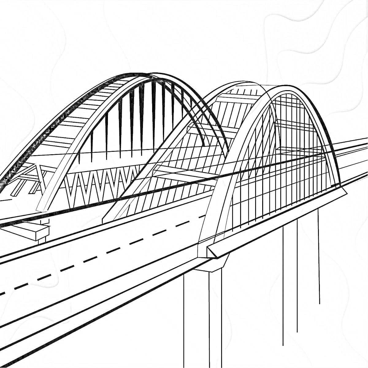 Раскраска Крымский мост с арочными пролётами, проезжей частью и опорами