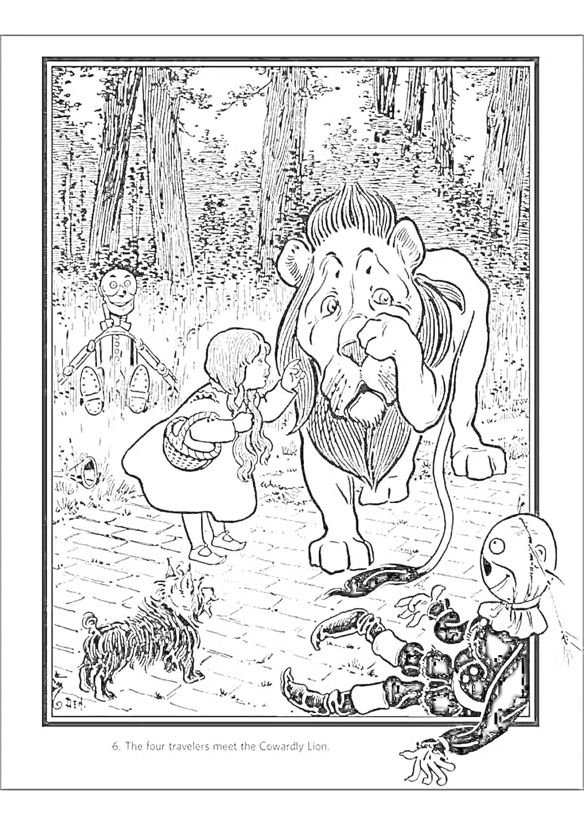 Раскраска Элли и ее друзья встречают Трусливого Льва в лесу