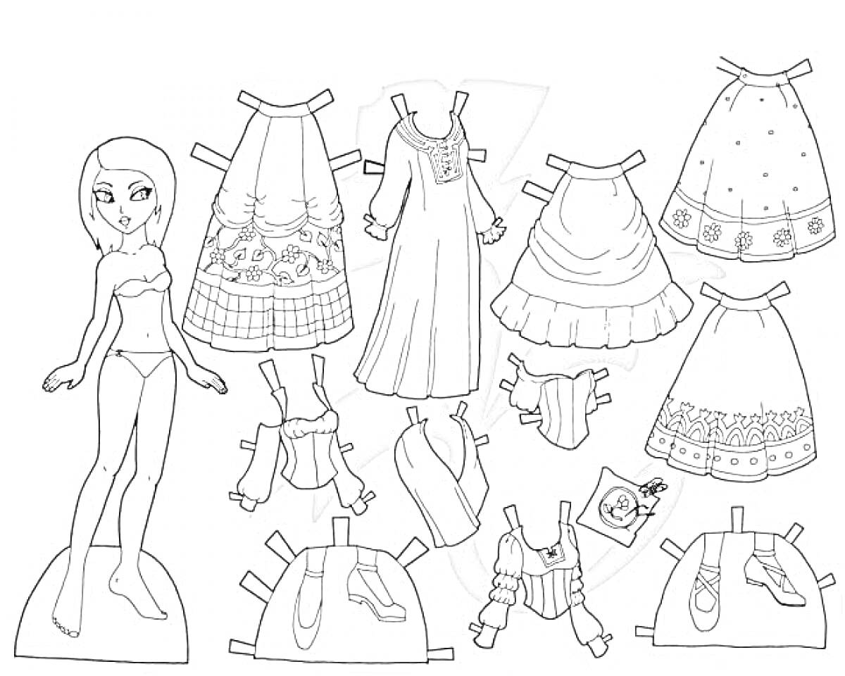 Бумажная кукла с комплектом одежды и аксессуарами (кукла, топы, юбки, платье, сарафан, туфли, книга)