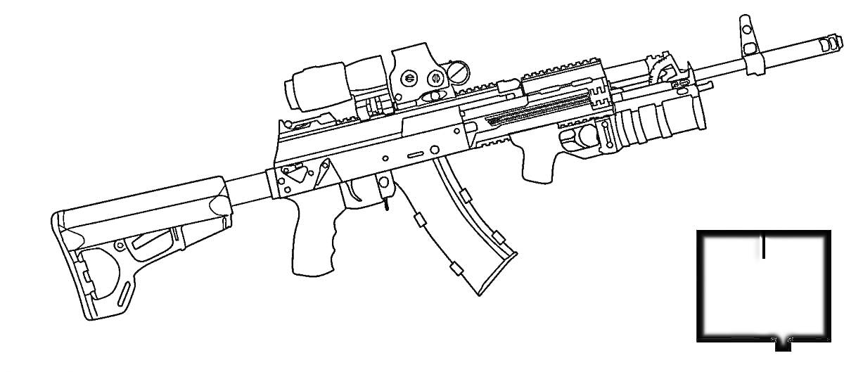 На раскраске изображено: АК-47, Автомат, Оружие, Прицел, Магазин, Приклад