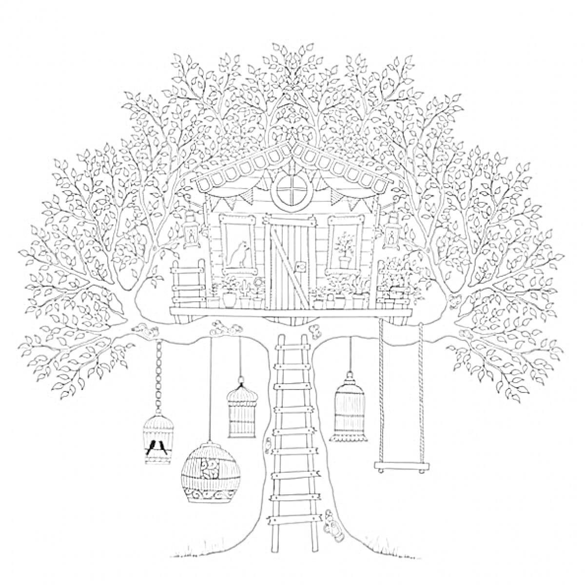 На раскраске изображено: Домик на дереве, Лестница, Качели, Листья, Иллюстрация, Деревья, Ветка, Кусты