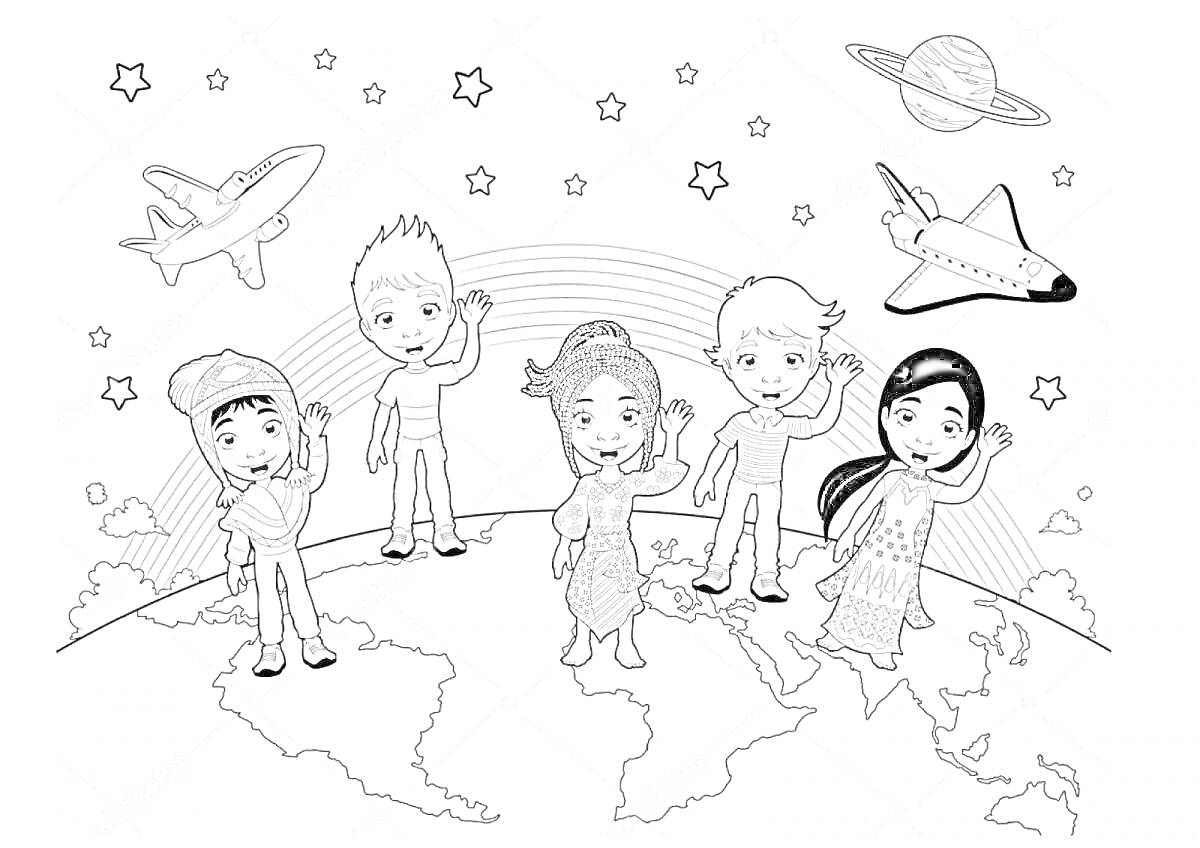 Раскраска Дети разных национальностей на карте мира, самолёты, звёзды, планета, радуга.
