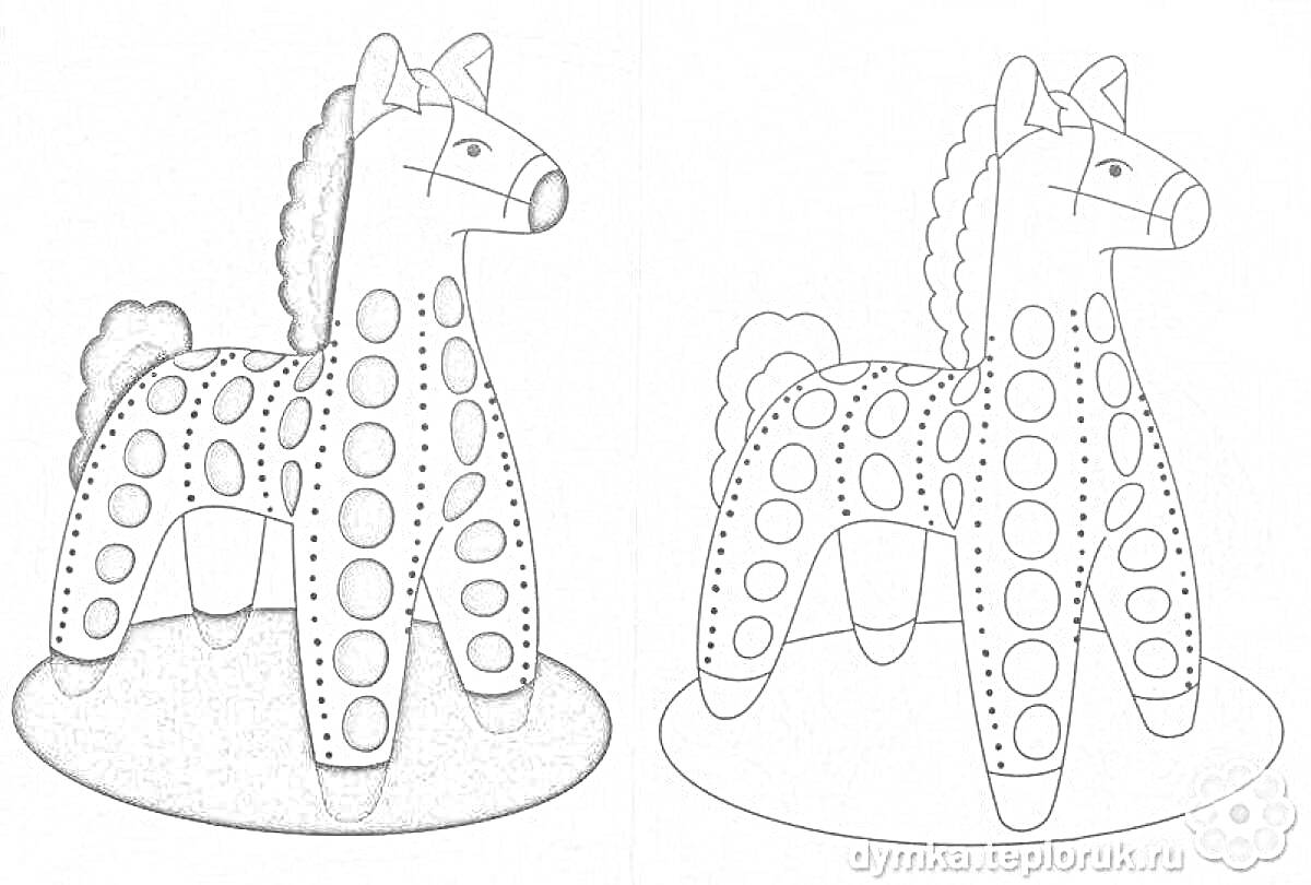 Раскраска Дымковская лошадка с узорами кругами и полосками на фоне