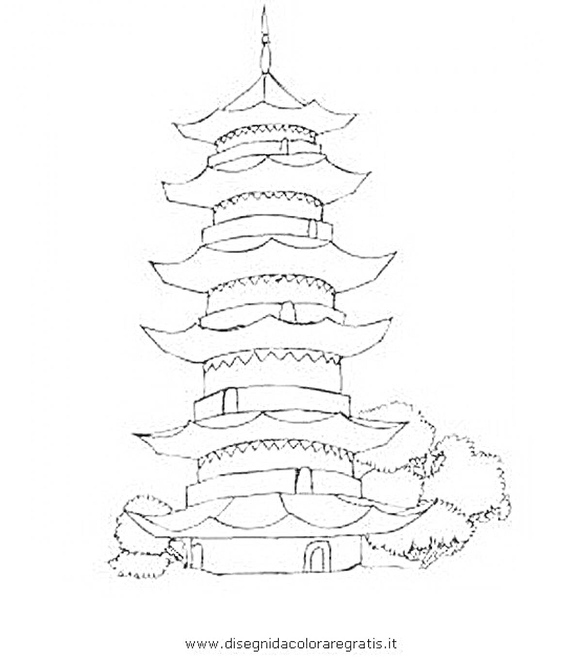 На раскраске изображено: Пагода, Храм, Здание, Архитектура, Деревья, Природа, Восток, Башни, Крыша