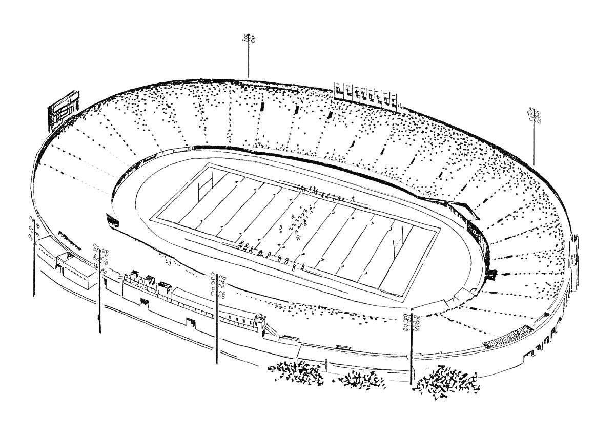 Раскраска Стадион с футбольным полем, трибунами, прожекторами и табло