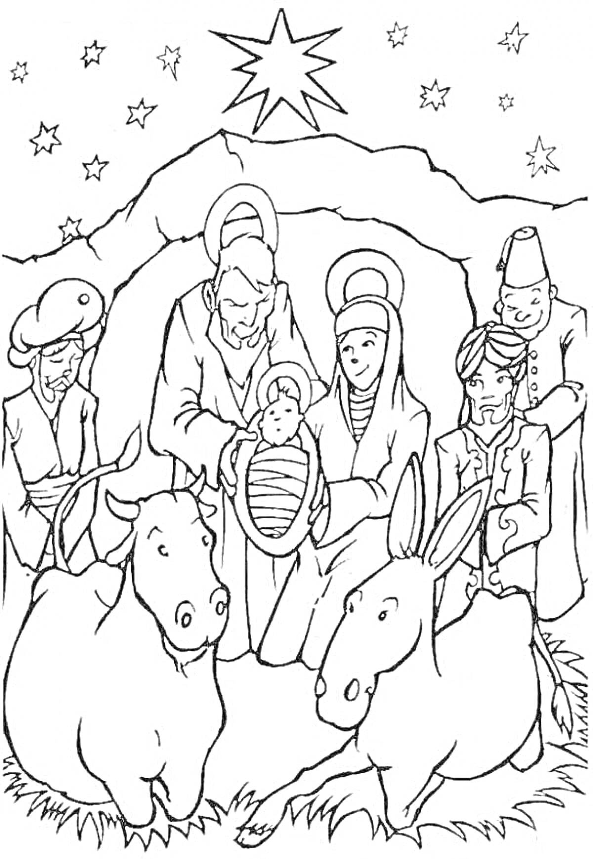 На раскраске изображено: Вифлеемская звезда, Младенец, Ясли, Ослы, Пастухи, Рождество, Звезды
