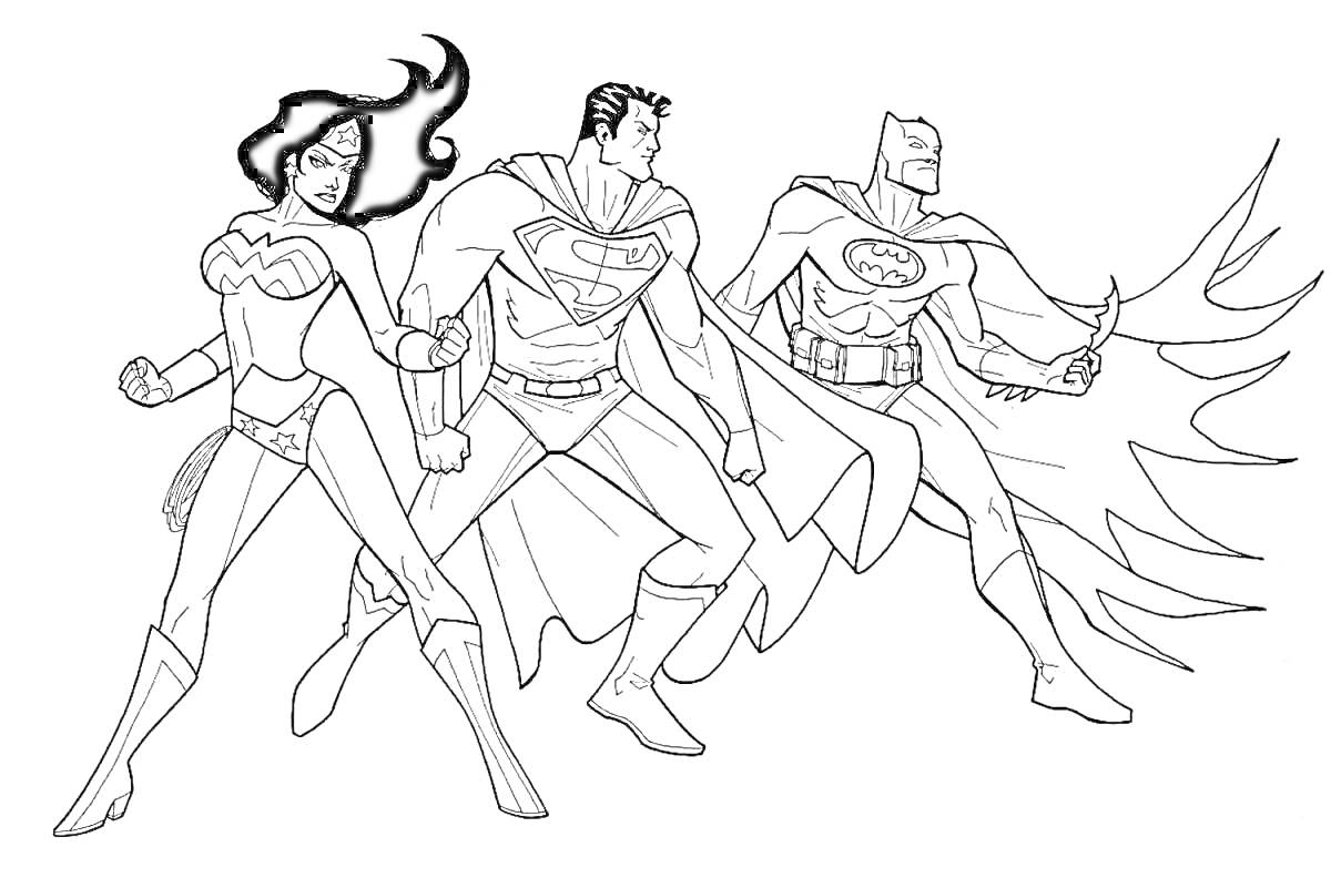 На раскраске изображено: Супермен, Бэтмен, Чудо-женщина, Комиксы, Супергерои