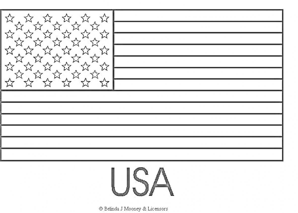 Раскраска - флаг США с 50 звездами и 13 полосами и надписью USA