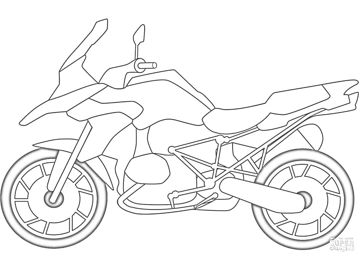 Раскраска Мотоцикл с зеркалами, седлом, рамой, колесами и выхлопной трубой