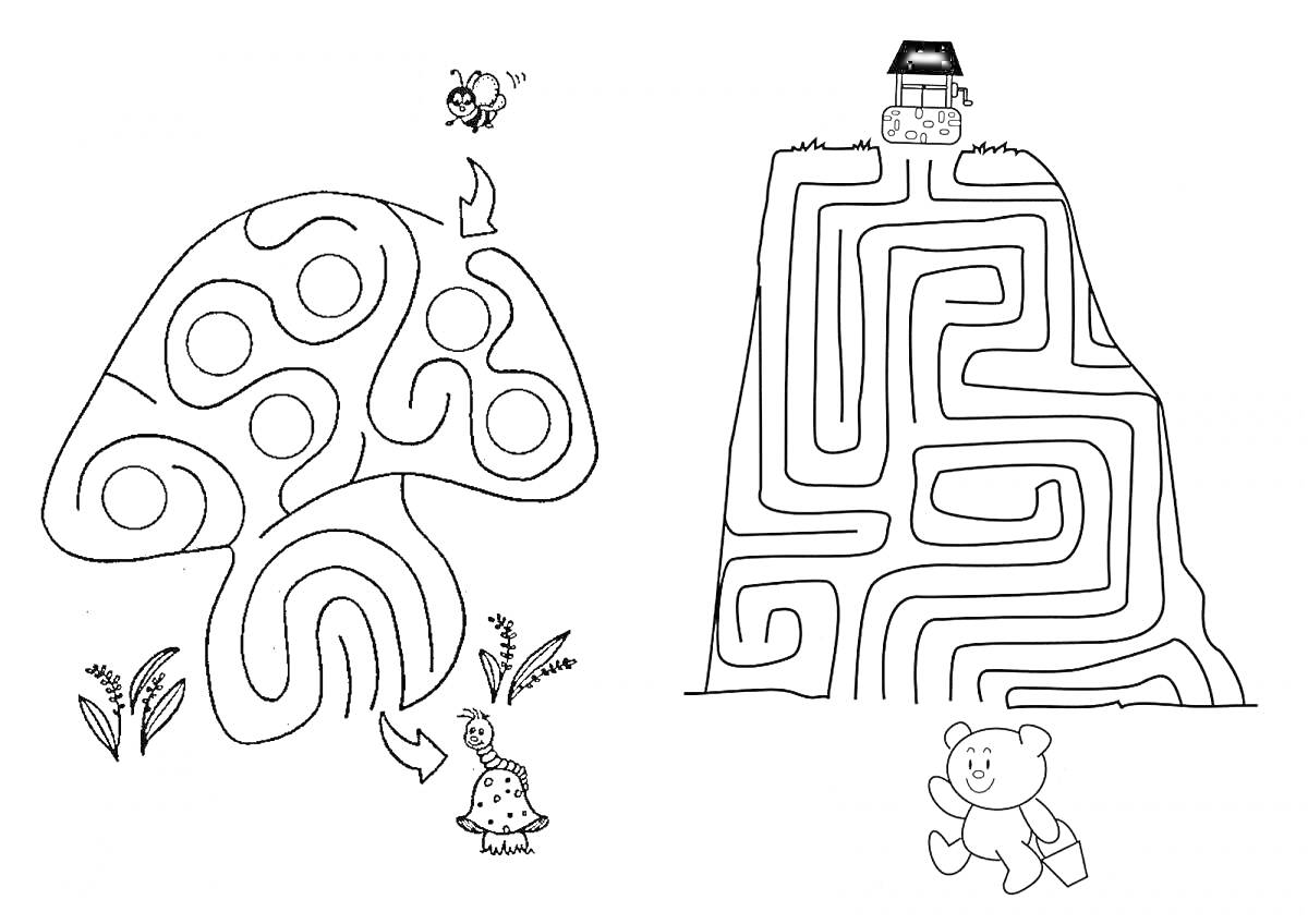 Раскраска Лабиринты: гриб и дом с медведем