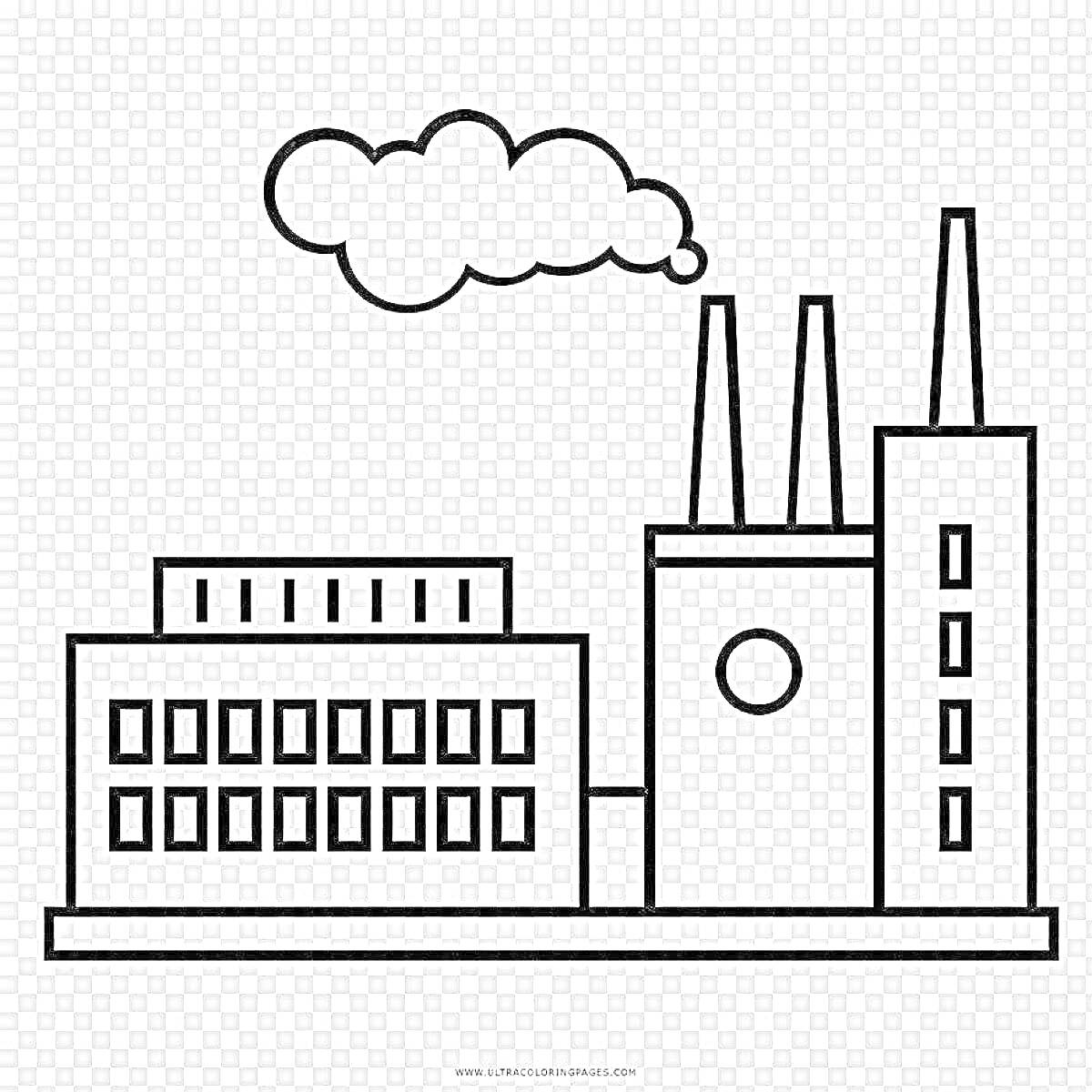На раскраске изображено: Завод, Дымовые трубы, Здания, Дым, Промышленность, Окна