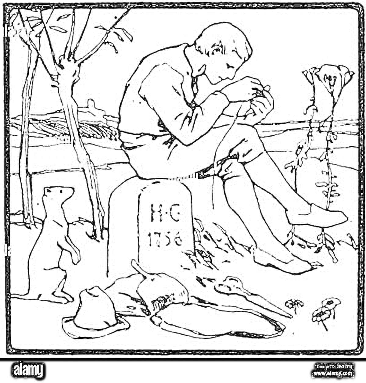 На раскраске изображено: Мужчина, Шляпа, Корзина, Муха, Растения, Пейзаж