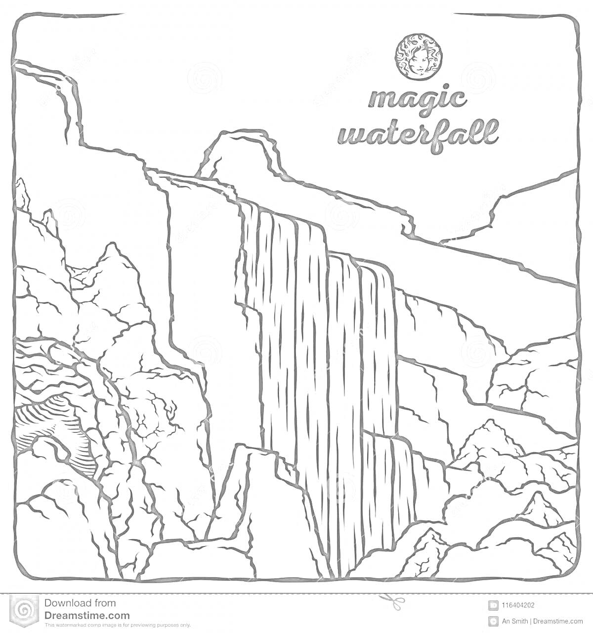Раскраска Волшебный водопад с горами, скалами и растительностью.