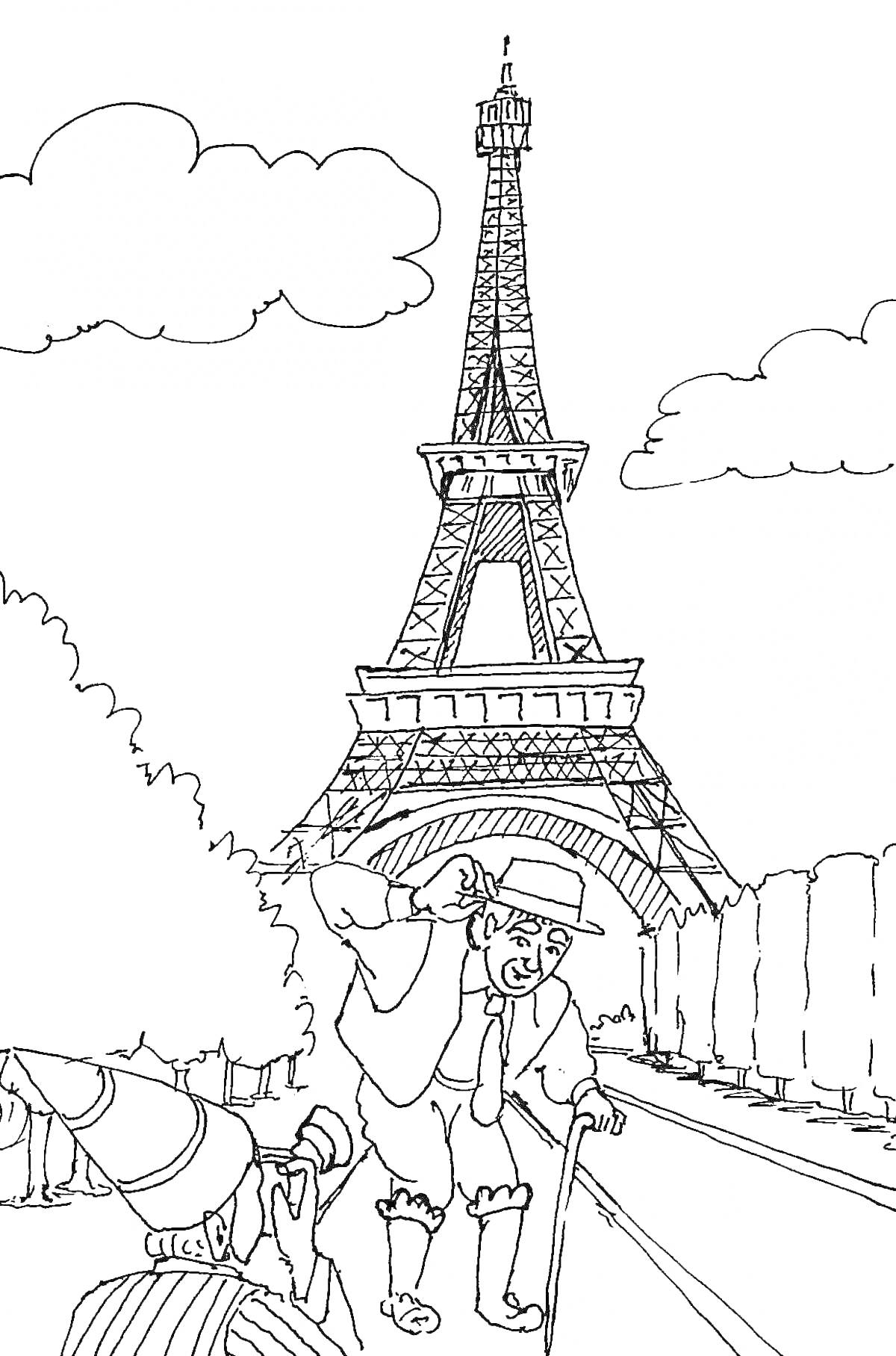 На раскраске изображено: Эйфелева башня, Париж, Архитектура, Пожилой человек, Трость, Фотограф, Деревья, Облака