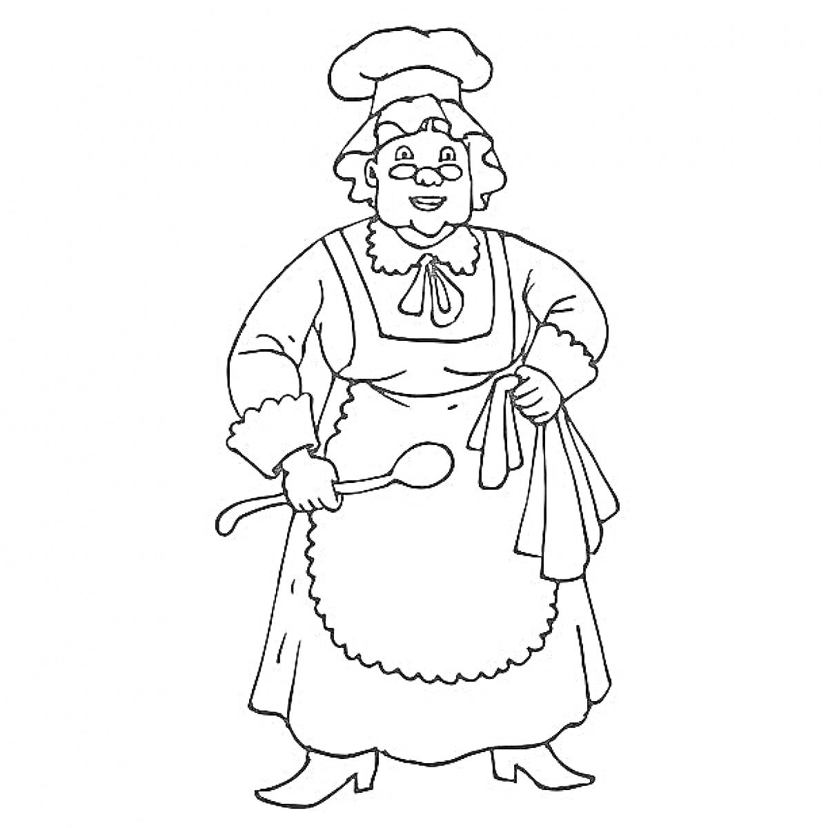 Раскраска Бабушка в фартуке с поварским колпаком, ложкой и полотенцем