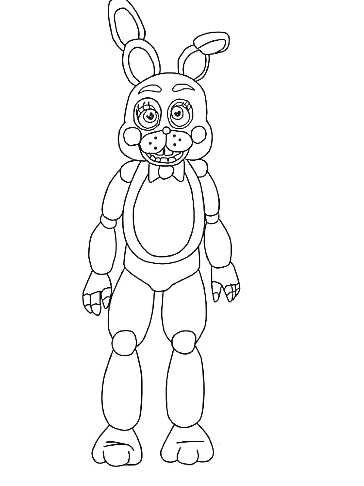 Раскраска Аниматронный кролик с округлыми глазами, большими ушами, пуговичным носом и улыбкой