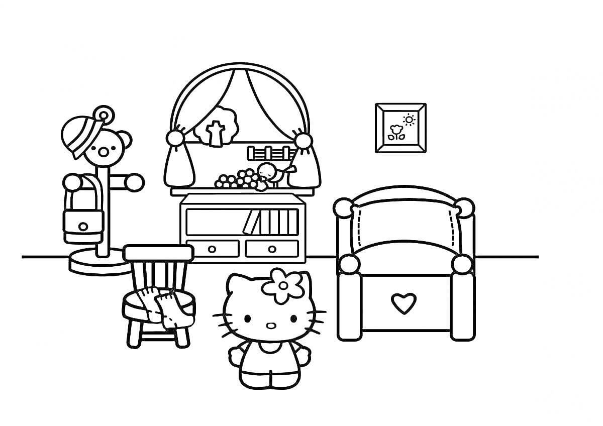 Раскраска Комната с мебелью и персонажем - кровать, комод, стул, вешалка, картина, игрушка