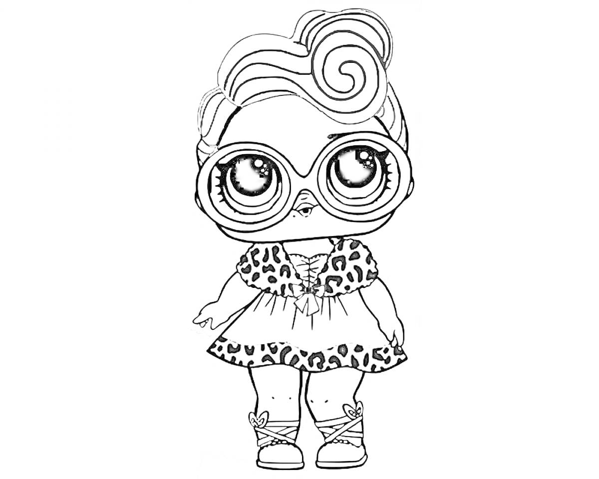 Раскраска Кукла Лол в очках с прической-гулькой, в леопардовом платье и обуви на шнуровке