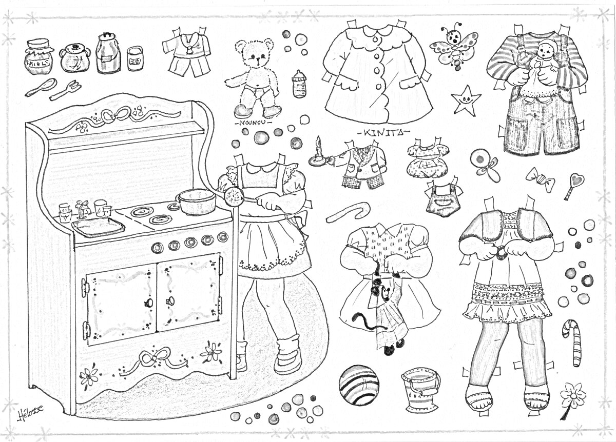 На раскраске изображено: Дом, Кухня, Плита, Одежда для кукол, Игрушки, Кукольная одежда, Расческа, Кастрюли, Леденцы
