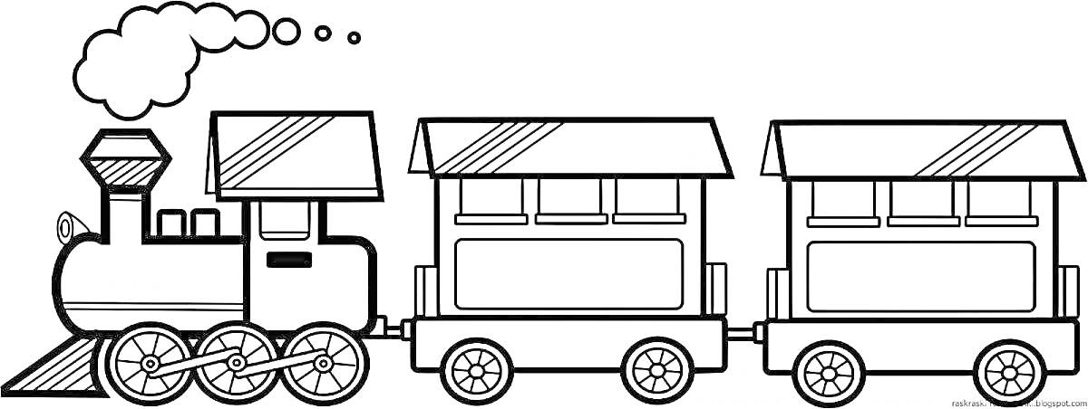 Раскраска Паровозик с двумя вагонами, дым, колеса