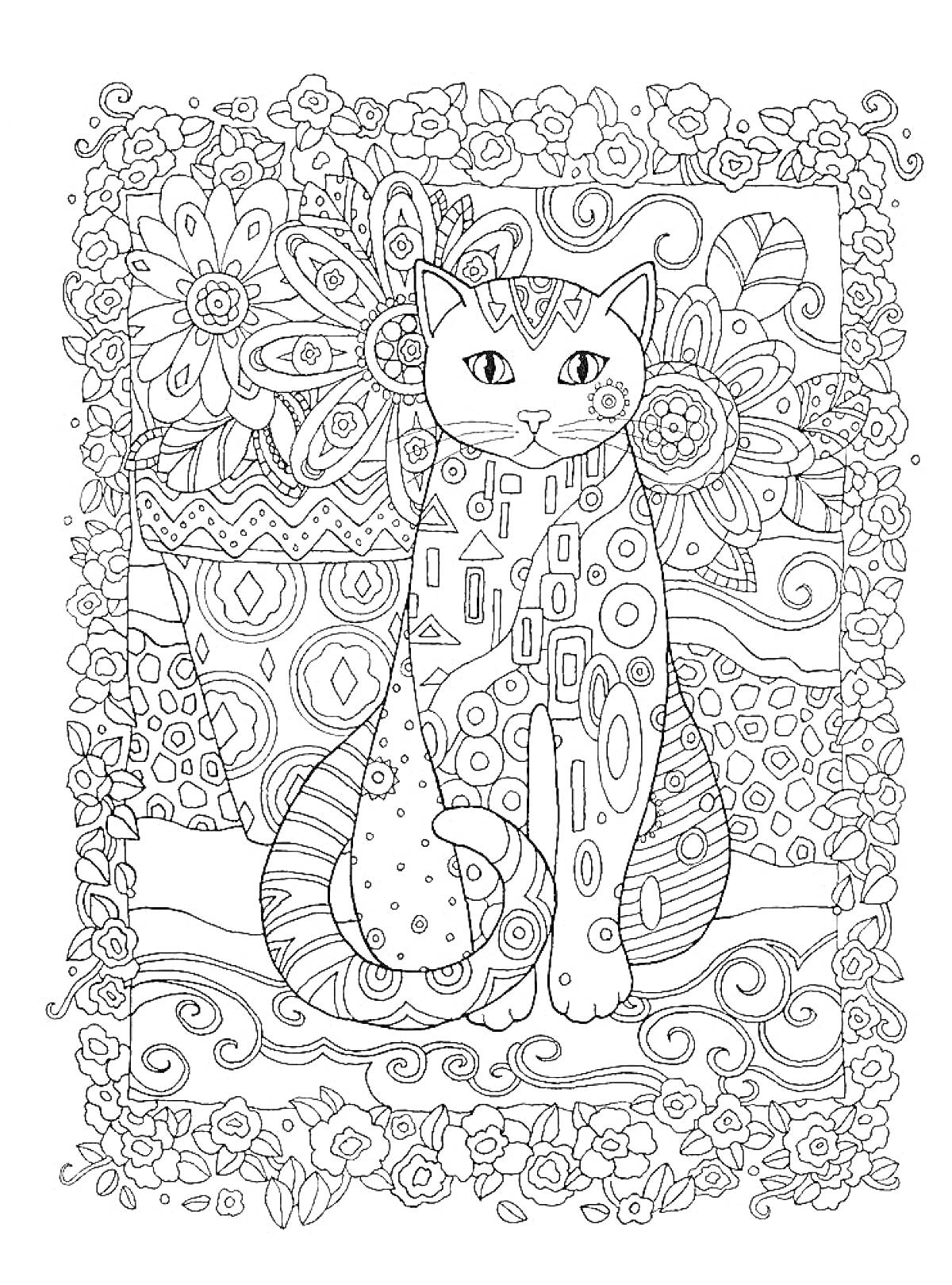 Раскраска Кот сидит на фоне цветов, узоров и декоративной рамки из цветов и завитков
