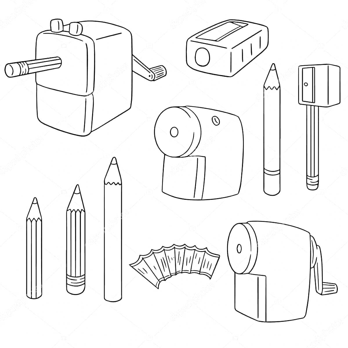Раскраска точилка, механическая точилка, автоматическая точилка, карандаши, ластики