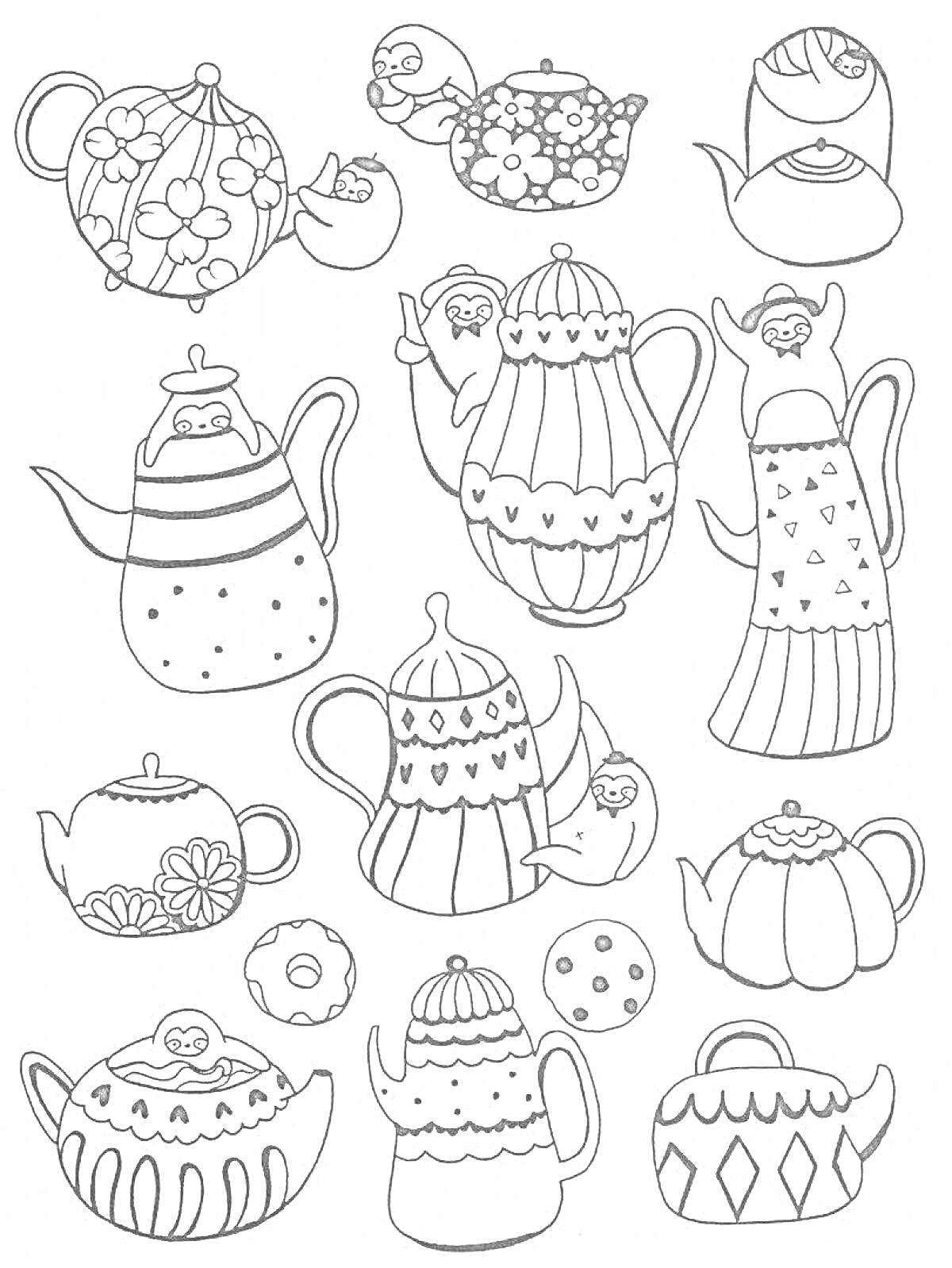 На раскраске изображено: Чайники, Печенье, Цветы, Лулу Майо