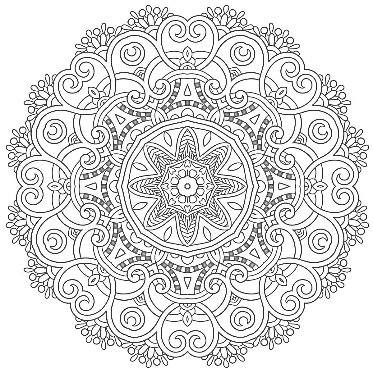 Раскраска Мандала с цветочным мотивом и сложными завитками