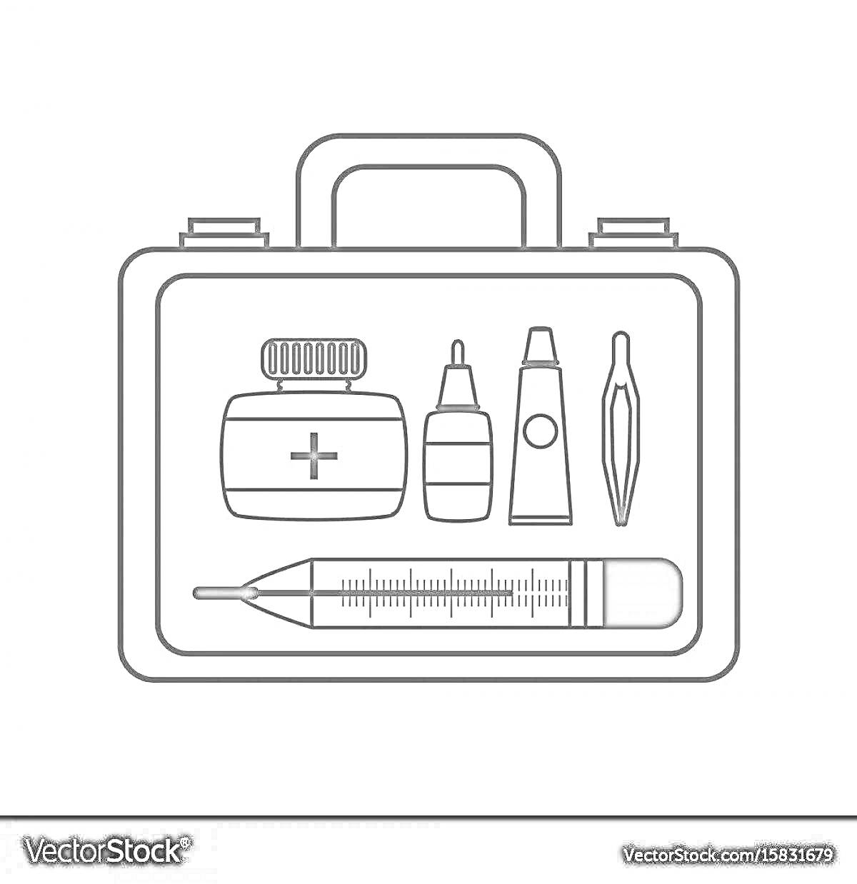 Раскраска Аптечка с баночкой, двумя бутыльками, пинцетом и термометром