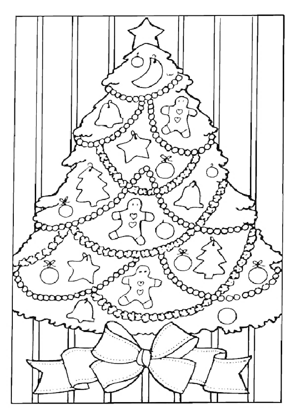 Раскраска новогодняя елка с луной, пряничными человечками, шарами, звездами, шариками, подарком с бантом на фоне с вертикальными линиями